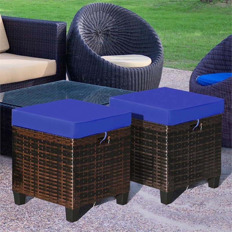 Pemberly Row Rattan Cushioned Seat Patio Rattan Ottoman in Navy (Set of 2)