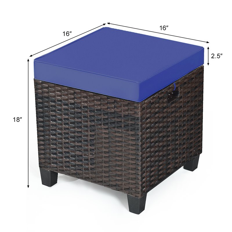 Pemberly Row Rattan Cushioned Seat Patio Rattan Ottoman in Navy (Set of 2)