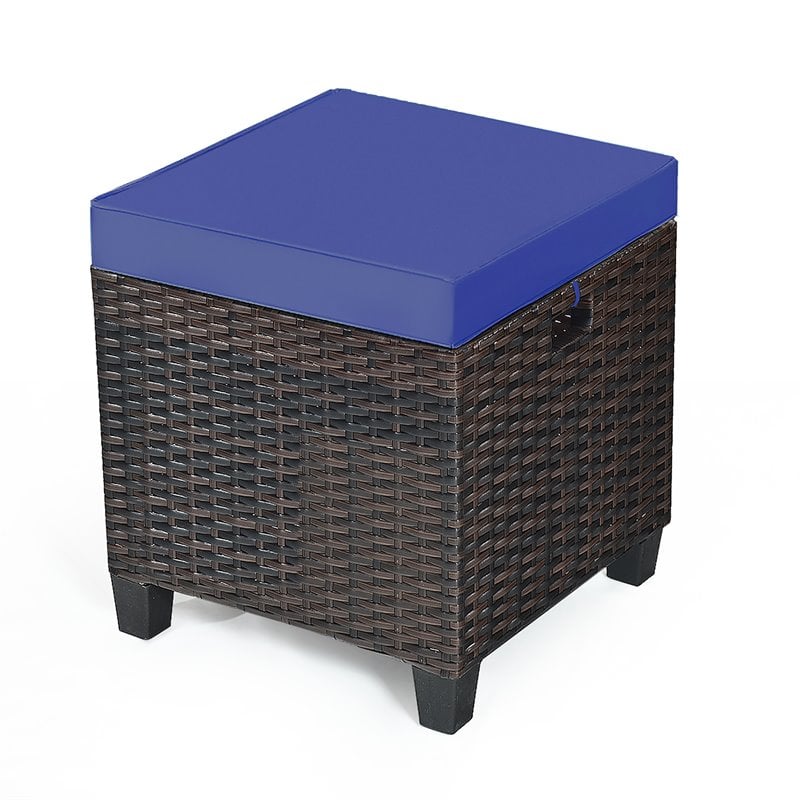 Pemberly Row Rattan Cushioned Seat Patio Rattan Ottoman in Navy (Set of 2)