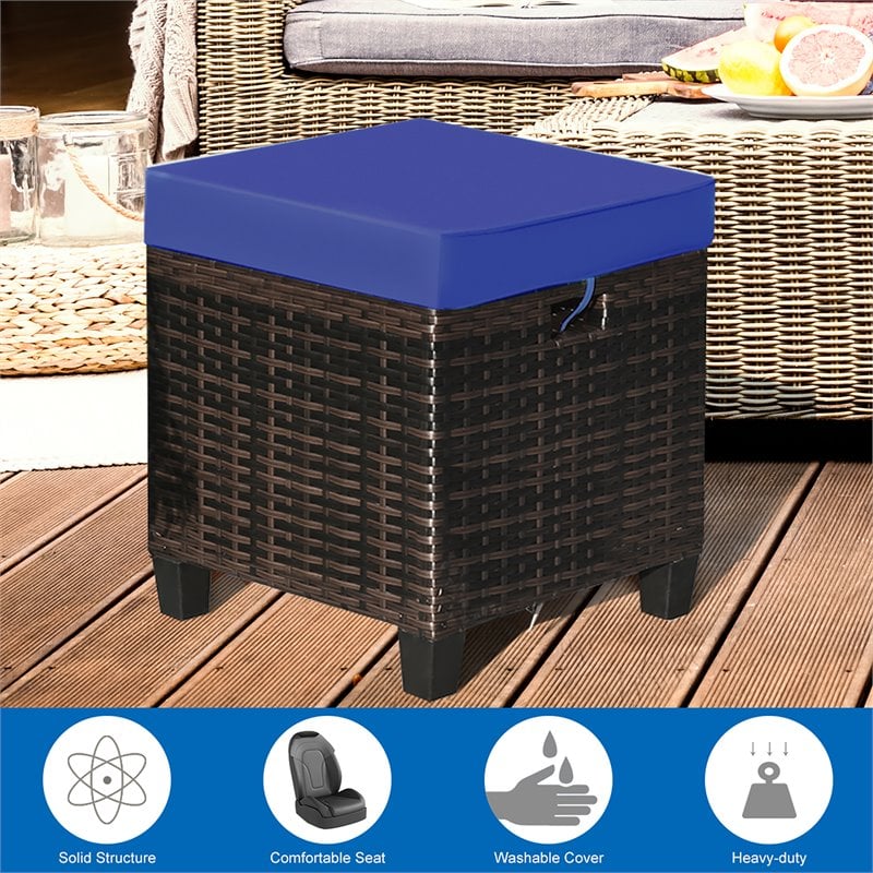 Pemberly Row Rattan Cushioned Seat Patio Rattan Ottoman in Navy (Set of 2)