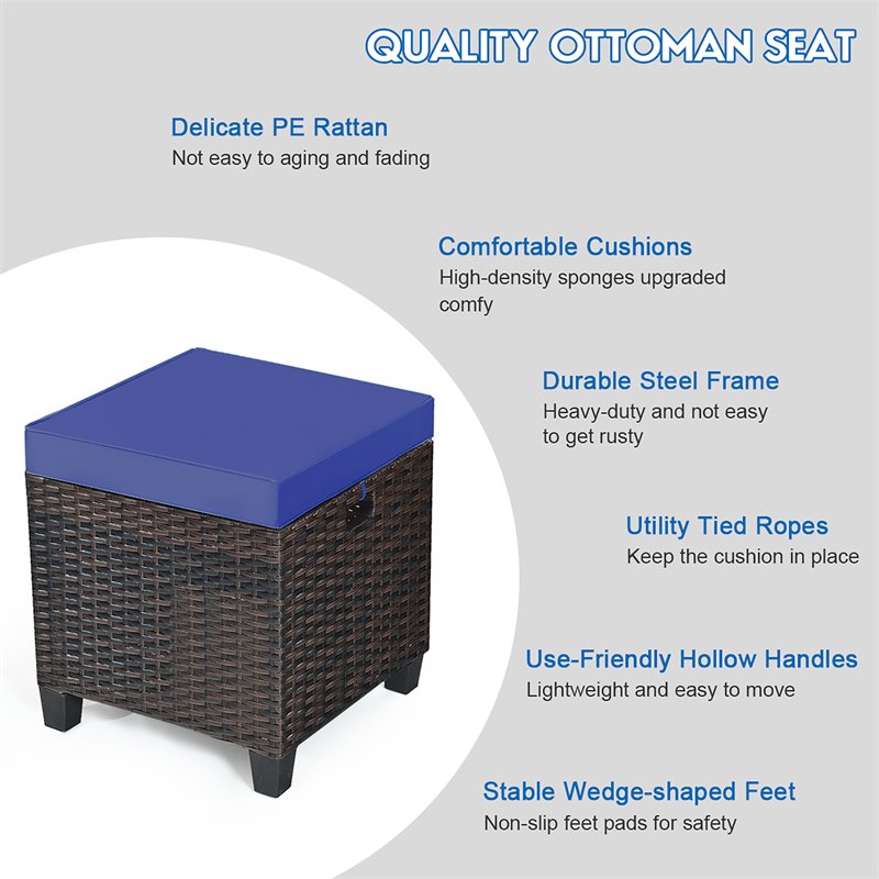 Pemberly Row Rattan Cushioned Seat Patio Rattan Ottoman in Navy (Set of 2)
