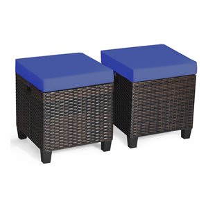 Pemberly Row Rattan Cushioned Seat Patio Rattan Ottoman in Navy (Set of 2)