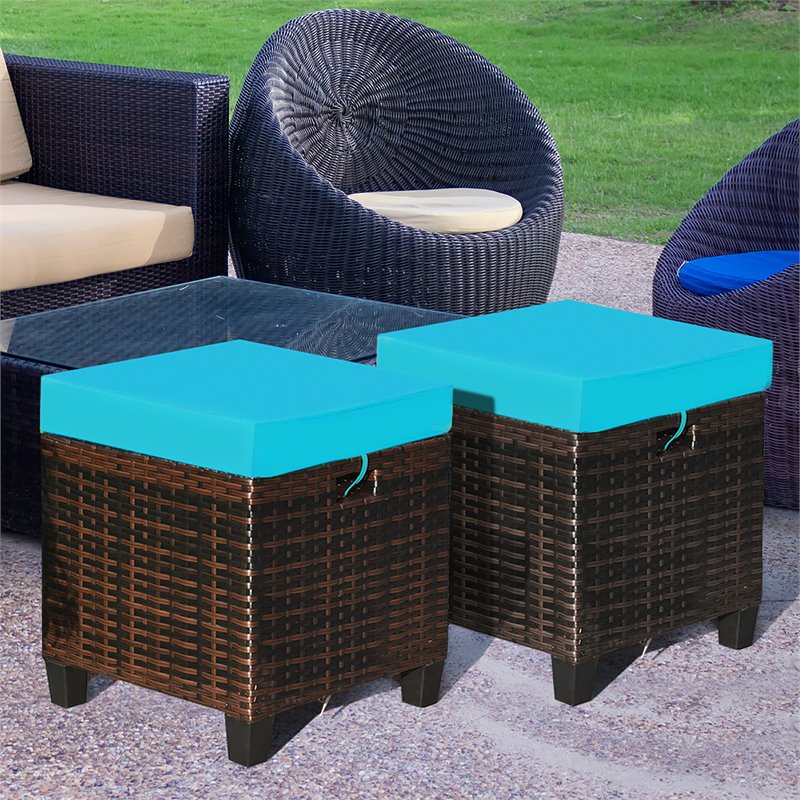 Pemberly Row Rattan Cushioned Seat Patio Rattan Ottoman in Turquoise (Set of 2)