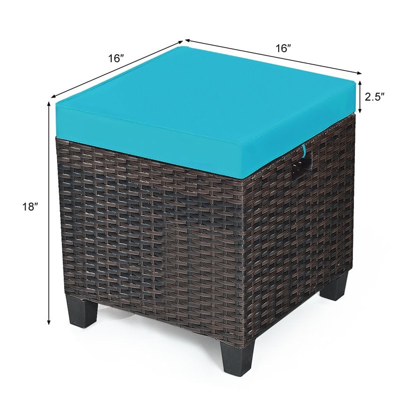 Pemberly Row Rattan Cushioned Seat Patio Rattan Ottoman in Turquoise (Set of 2)