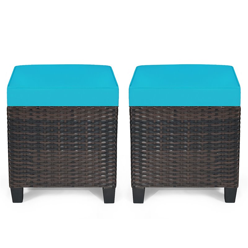Pemberly Row Rattan Cushioned Seat Patio Rattan Ottoman in Turquoise (Set of 2)