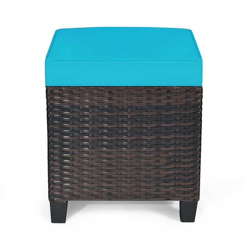 Pemberly Row Rattan Cushioned Seat Patio Rattan Ottoman in Turquoise (Set of 2)