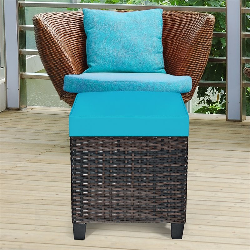 Pemberly Row Rattan Cushioned Seat Patio Rattan Ottoman in Turquoise (Set of 2)