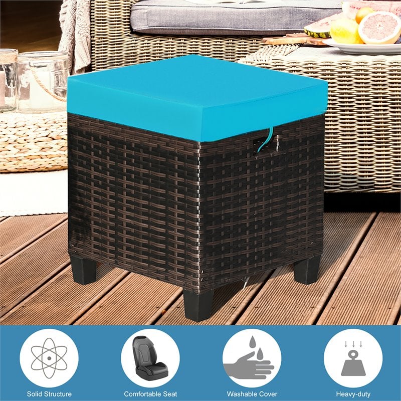Pemberly Row Rattan Cushioned Seat Patio Rattan Ottoman in Turquoise (Set of 2)
