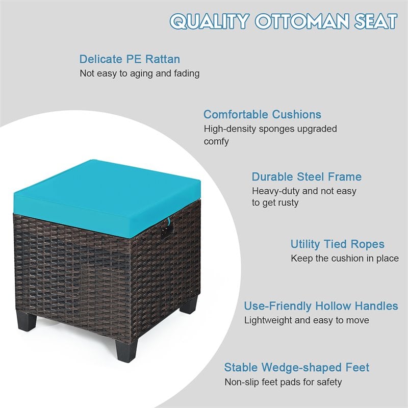 Pemberly Row Rattan Cushioned Seat Patio Rattan Ottoman in Turquoise (Set of 2)