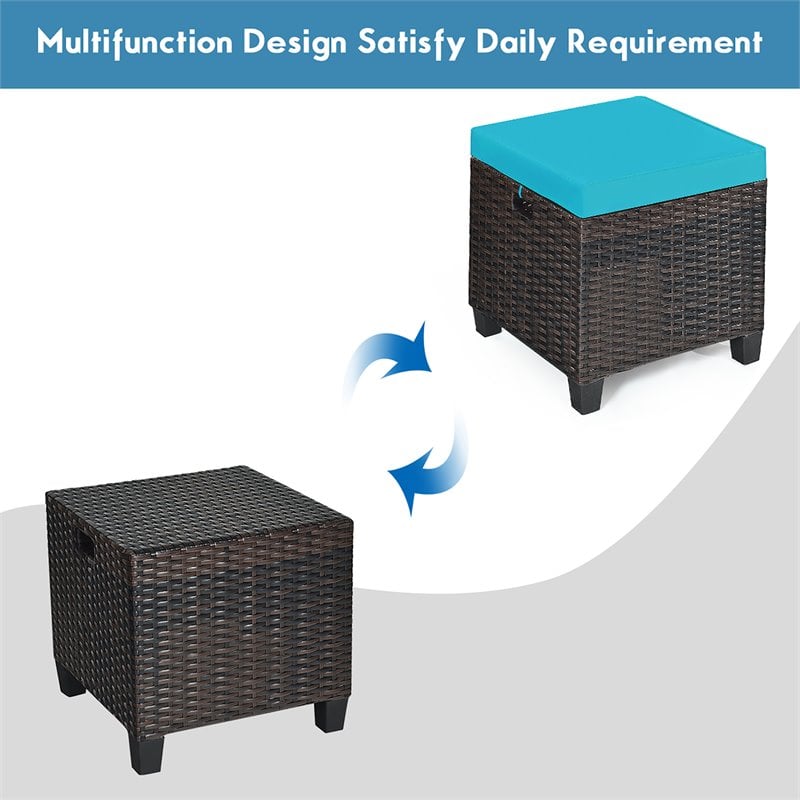 Pemberly Row Rattan Cushioned Seat Patio Rattan Ottoman in Turquoise (Set of 2)