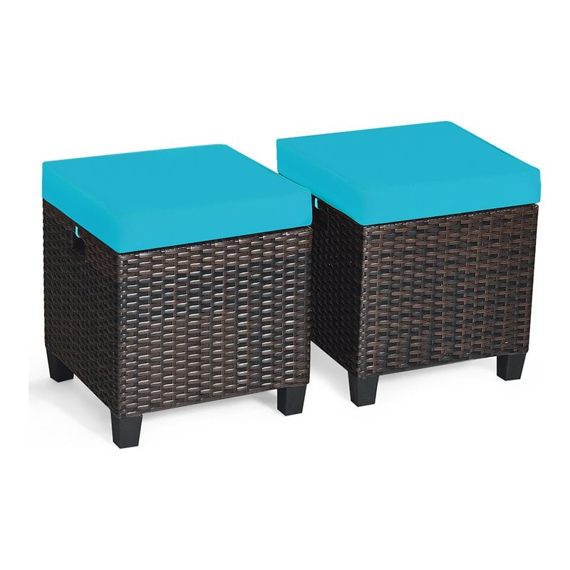 Pemberly Row Rattan Cushioned Seat Patio Rattan Ottoman in Turquoise (Set of 2)