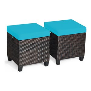Pemberly Row Rattan Cushioned Seat Patio Rattan Ottoman in Turquoise (Set of 2)