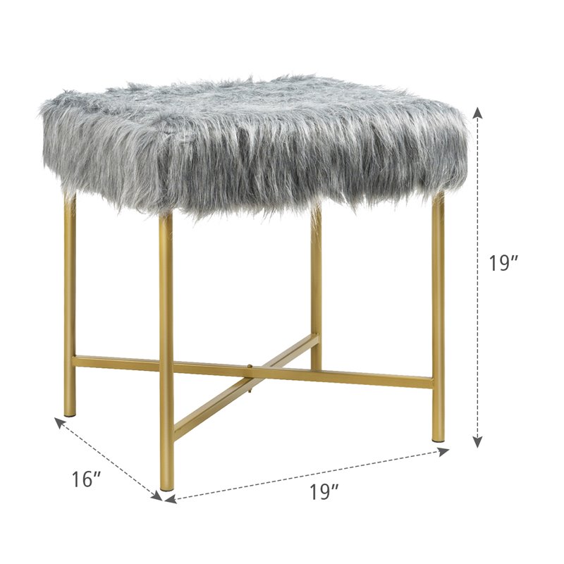 Pemberly Row Contemporary Faux-Fur Plush Footrest Stool with Metal Legs in Gray
