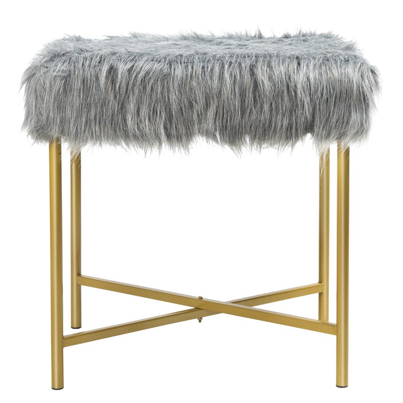 Pemberly Row Contemporary Faux-Fur Plush Footrest Stool with Metal Legs in Gray