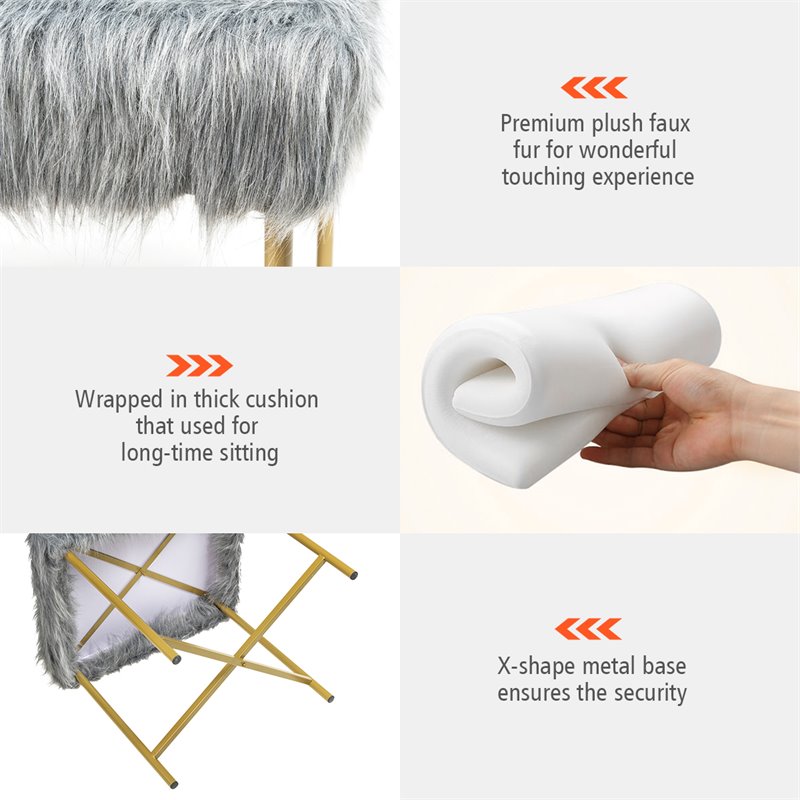 Pemberly Row Contemporary Faux-Fur Plush Footrest Stool with Metal Legs in Gray