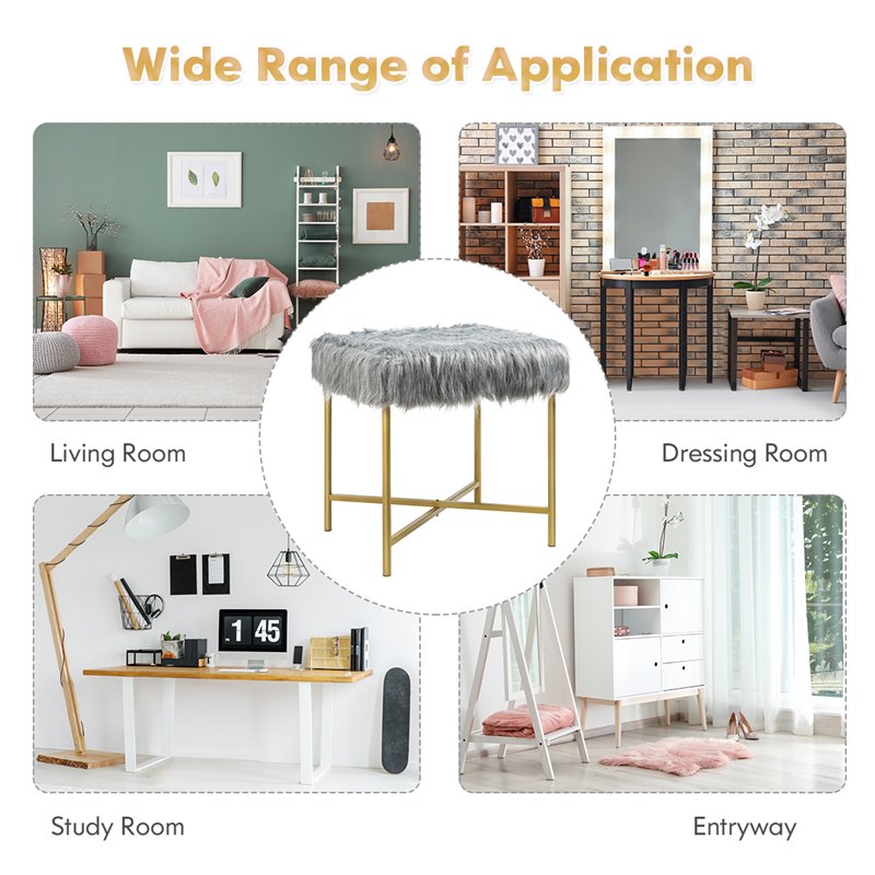 Pemberly Row Contemporary Faux-Fur Plush Footrest Stool with Metal Legs in Gray