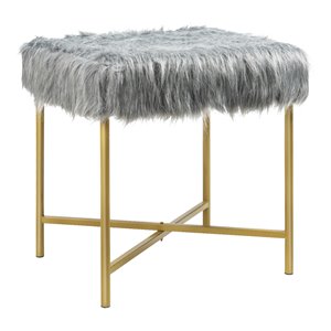 Pemberly Row Contemporary Faux-Fur Plush Footrest Stool with Metal Legs in Gray