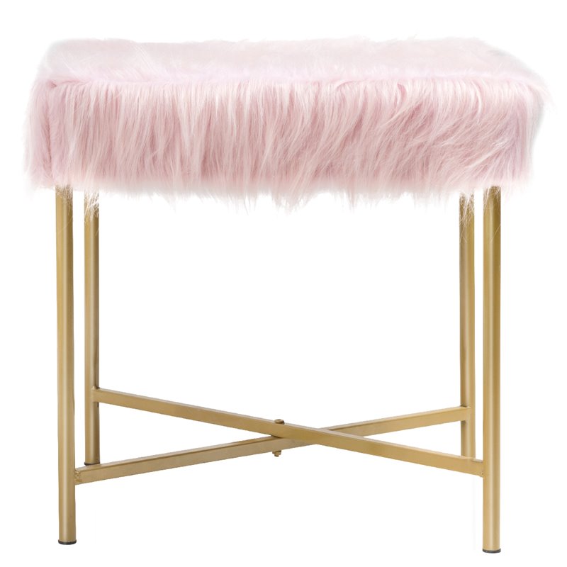 Pemberly Row Contemporary Faux-Fur Plush Footrest Stool with Metal Legs in Pink