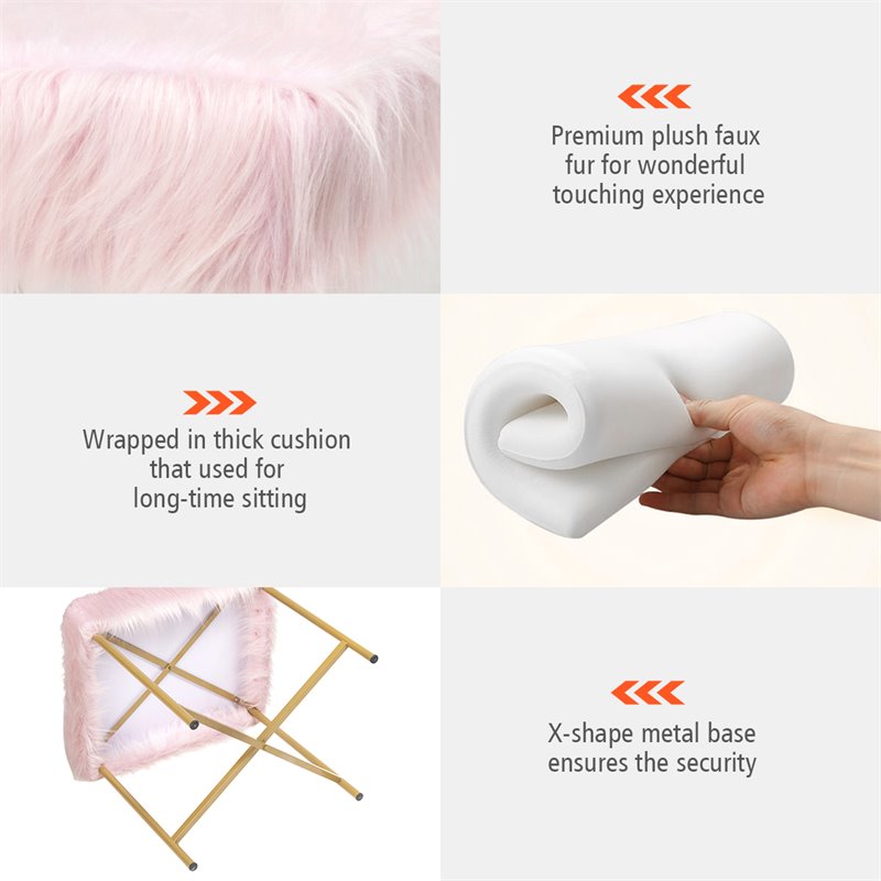 Pemberly Row Contemporary Faux-Fur Plush Footrest Stool with Metal Legs in Pink