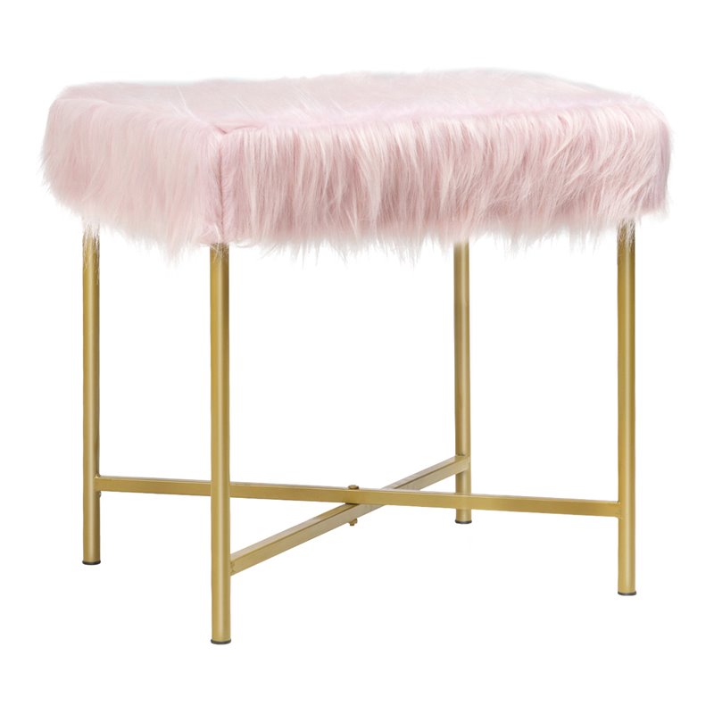Pemberly Row Contemporary Faux-Fur Plush Footrest Stool with Metal Legs in Pink