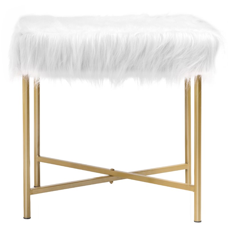 Pemberly Row Contemporary Faux-Fur Plush Footrest Stool with Metal Legs in White