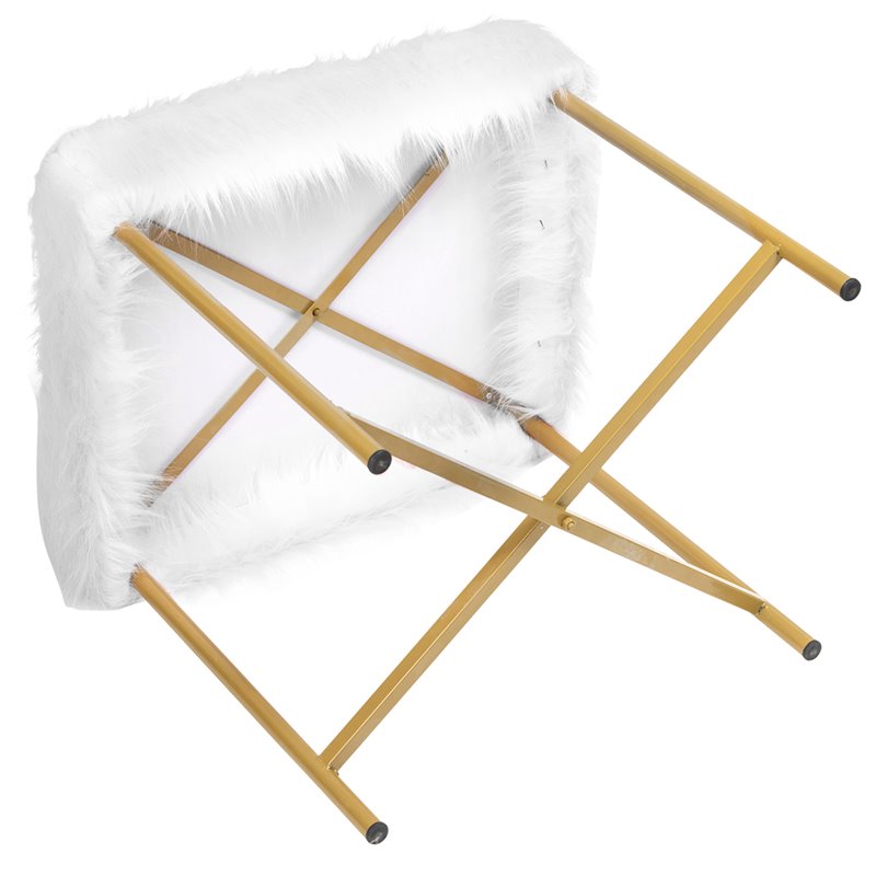 Pemberly Row Contemporary Faux-Fur Plush Footrest Stool with Metal Legs in White