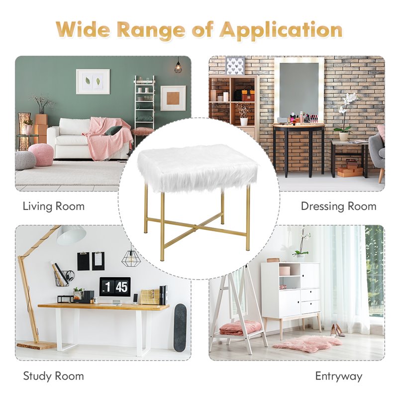 Pemberly Row Contemporary Faux-Fur Plush Footrest Stool with Metal Legs in White