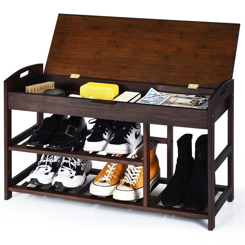 Pemberly Row 3-tier Contemporary Premium Bamboo Shoe Rack in Brown