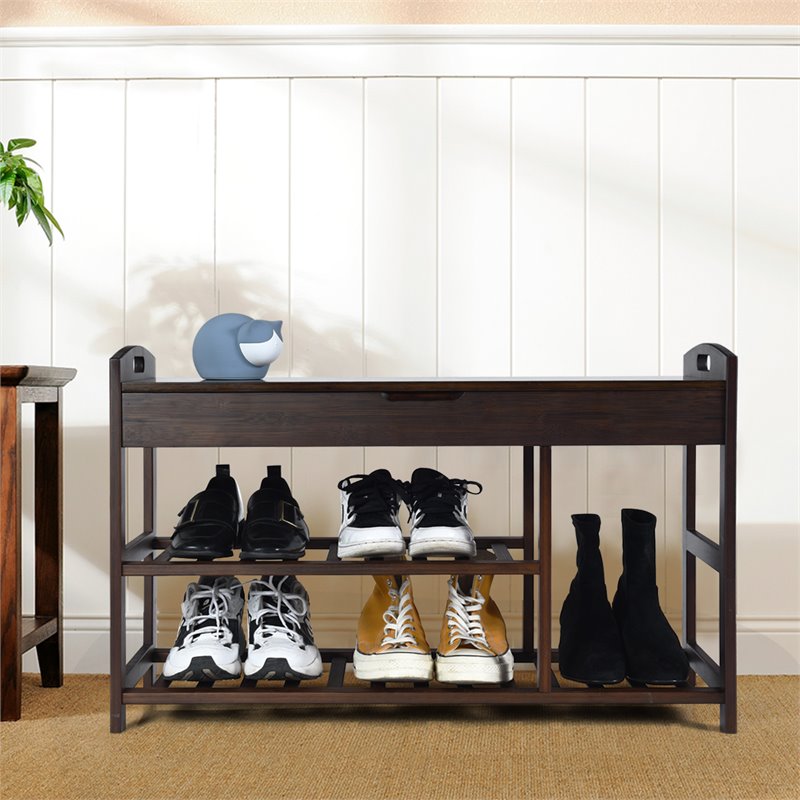 Pemberly Row 3-tier Contemporary Premium Bamboo Shoe Rack in Brown