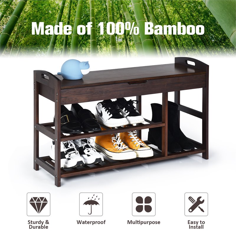 Pemberly Row 3-tier Contemporary Premium Bamboo Shoe Rack in Brown