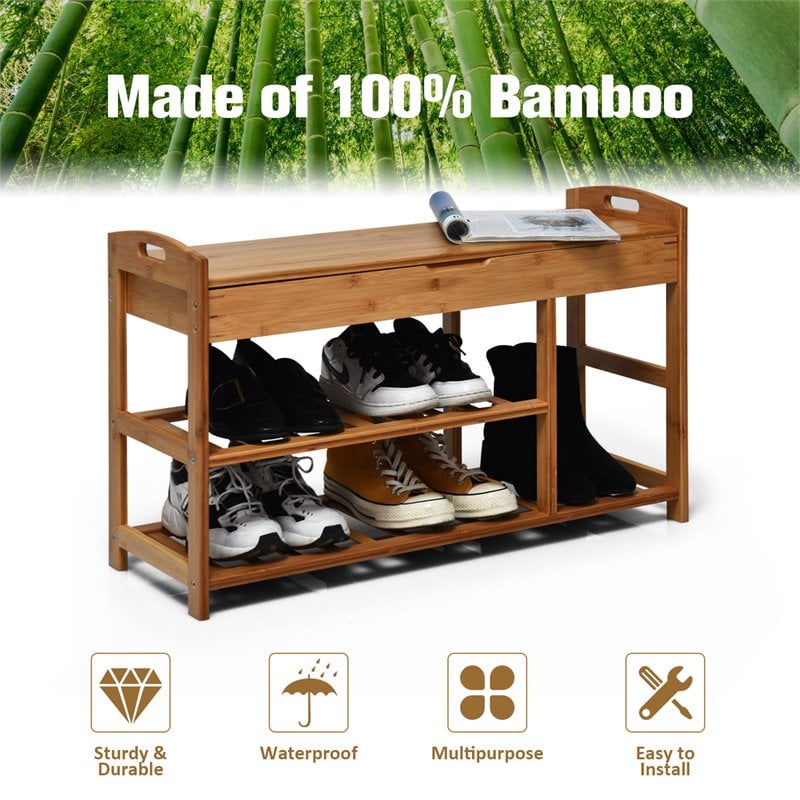 Pemberly Row 3-tier Contemporary Premium Bamboo Shoe Rack in Natural