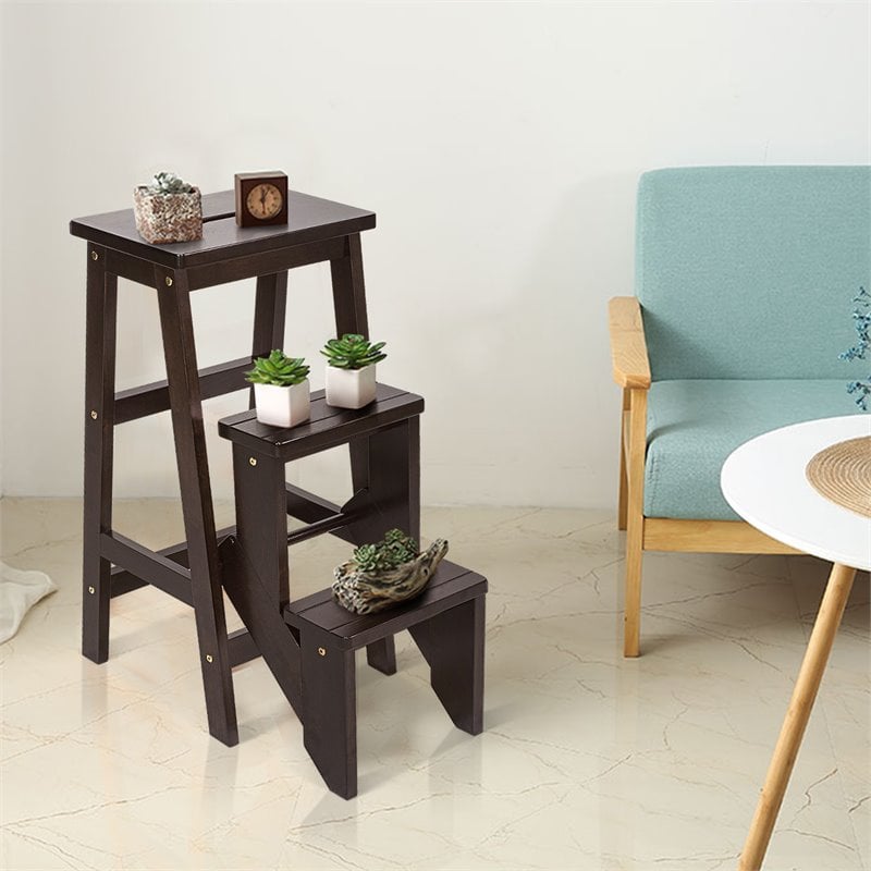 Pemberly Row 3-tier Rubber Wood Portable Folding Step Stool in Coffee