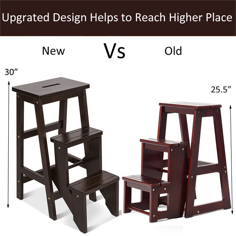 Pemberly Row 3-tier Rubber Wood Portable Folding Step Stool in Coffee