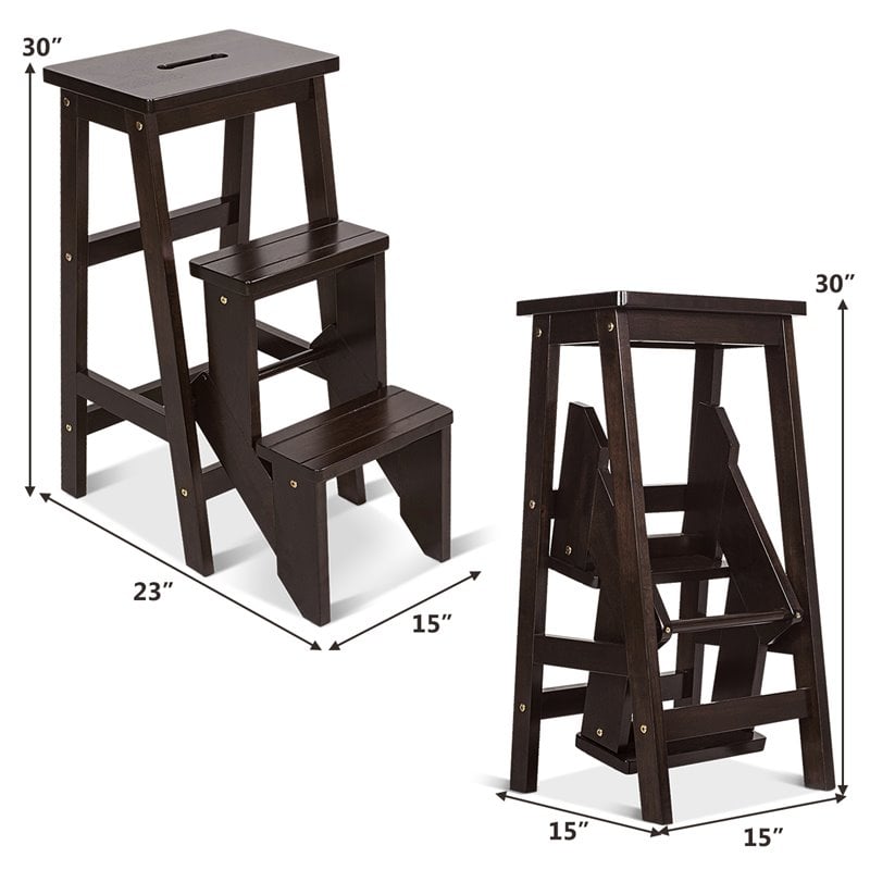 Pemberly Row 3-tier Rubber Wood Portable Folding Step Stool in Coffee
