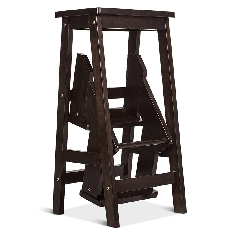 Pemberly Row 3-tier Rubber Wood Portable Folding Step Stool in Coffee