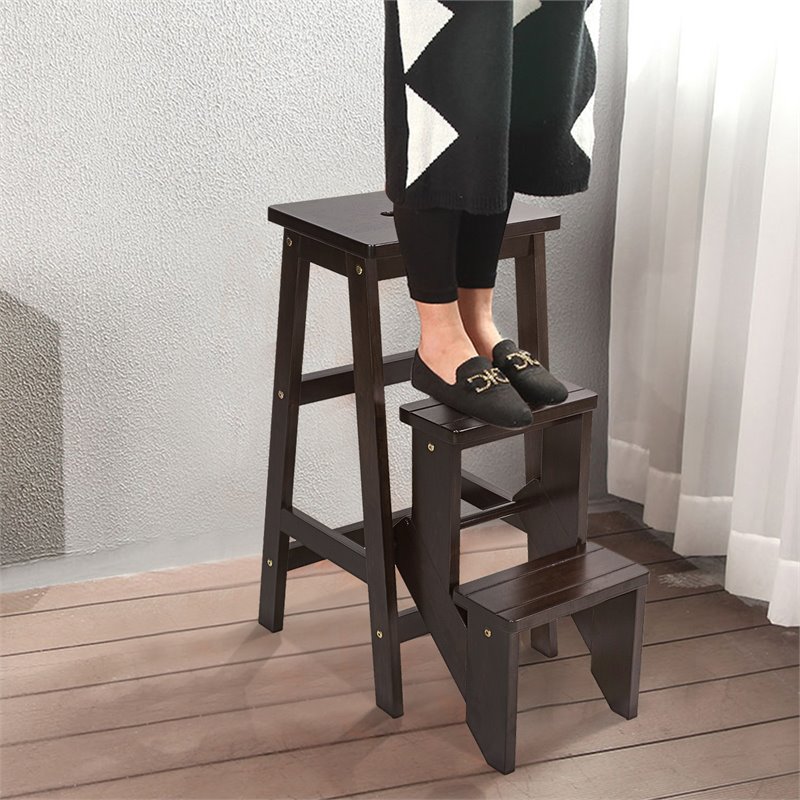 Pemberly Row 3-tier Rubber Wood Portable Folding Step Stool in Coffee