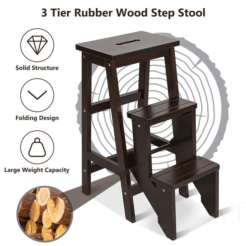 Pemberly Row 3-tier Rubber Wood Portable Folding Step Stool in Coffee