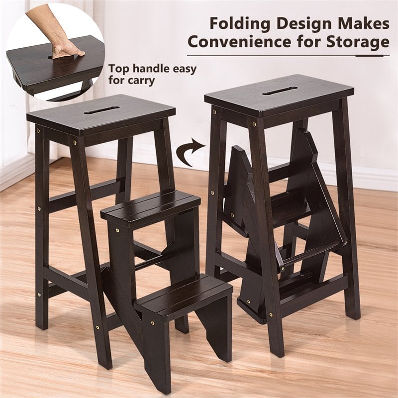 Pemberly Row 3-tier Rubber Wood Portable Folding Step Stool in Coffee