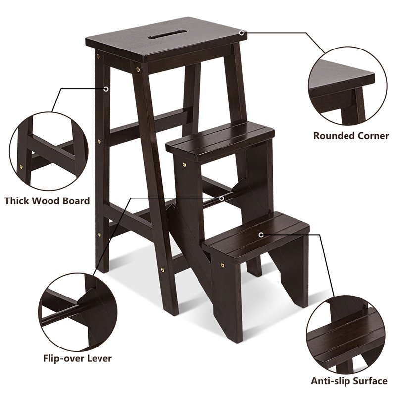 Pemberly Row 3-tier Rubber Wood Portable Folding Step Stool in Coffee