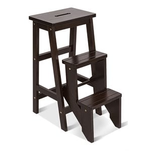 Pemberly Row 3-tier Rubber Wood Portable Folding Step Stool in Coffee
