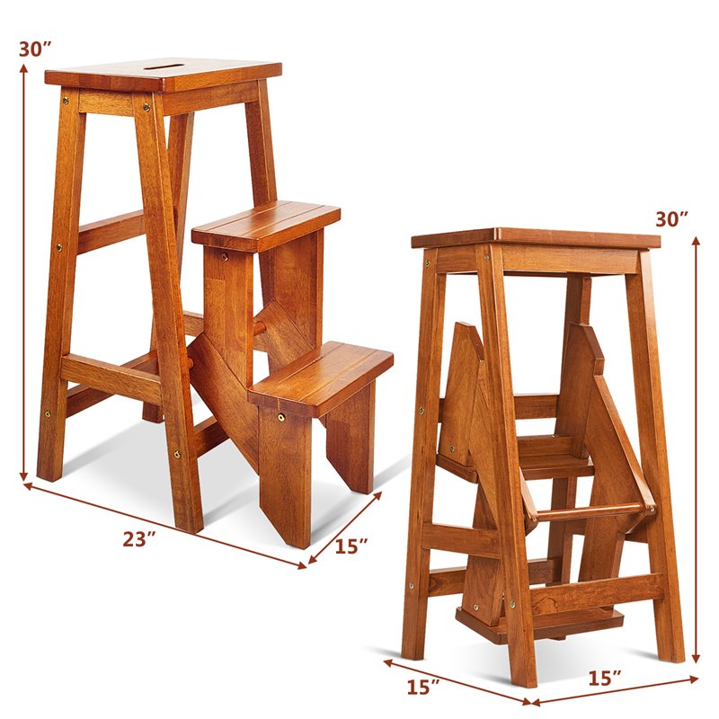Pemberly Row 3-tier Rubber Wood Portable Folding Step Stool in Brown