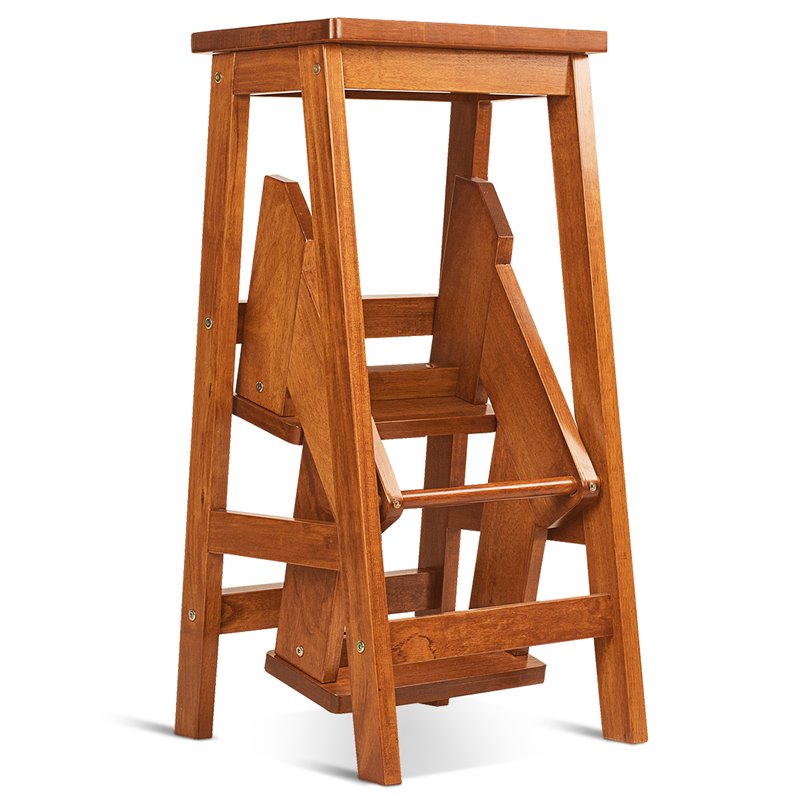 Pemberly Row 3-tier Rubber Wood Portable Folding Step Stool in Brown