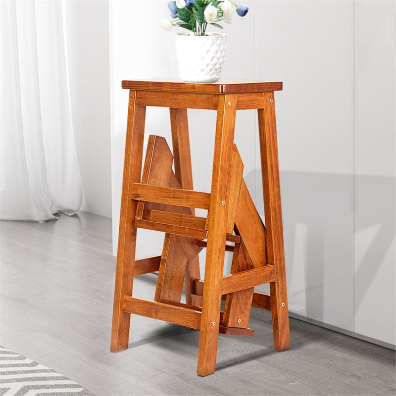 Pemberly Row 3-tier Rubber Wood Portable Folding Step Stool in Brown