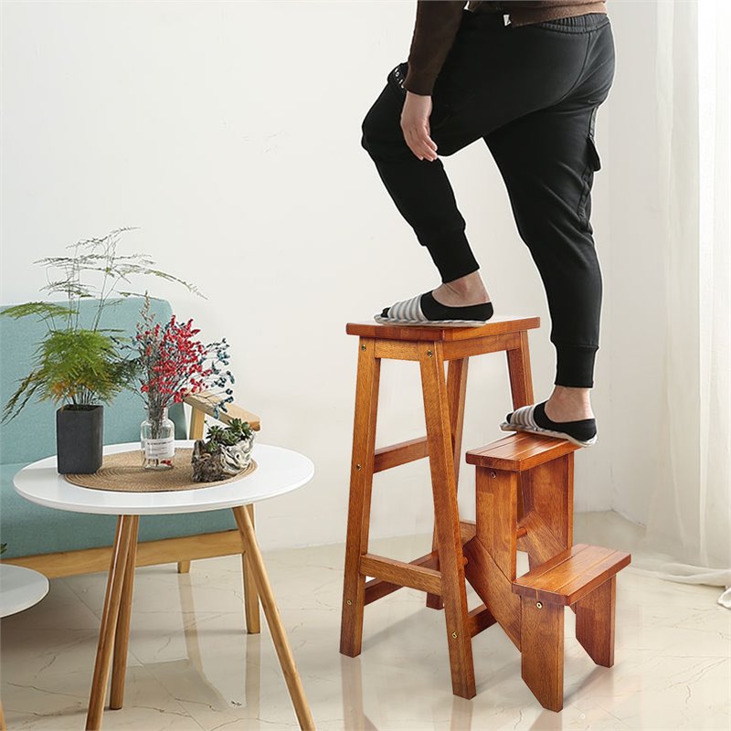 Pemberly Row 3-tier Rubber Wood Portable Folding Step Stool in Brown
