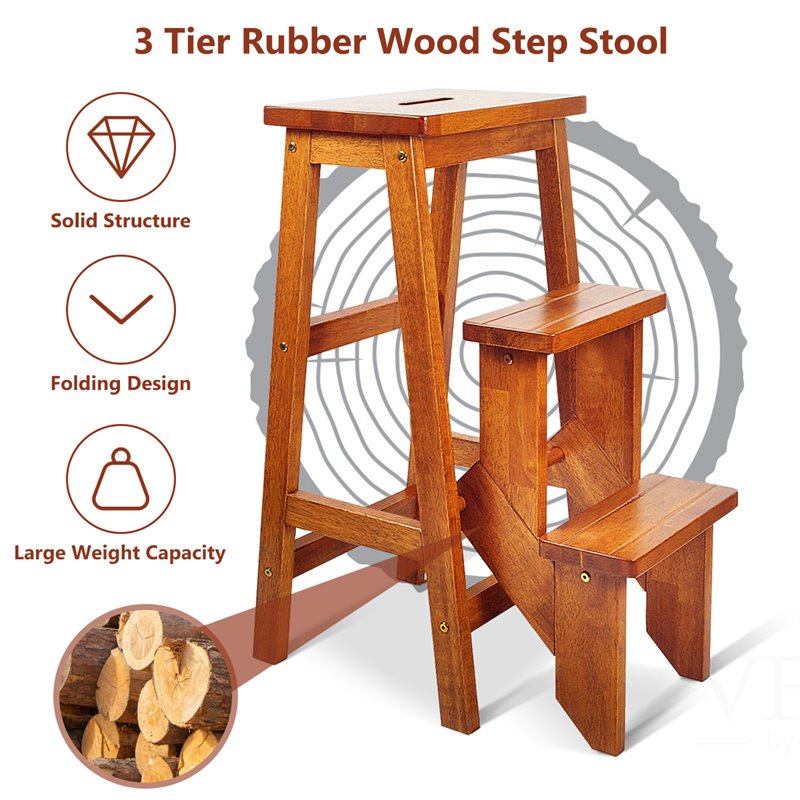 Pemberly Row 3-tier Rubber Wood Portable Folding Step Stool in Brown
