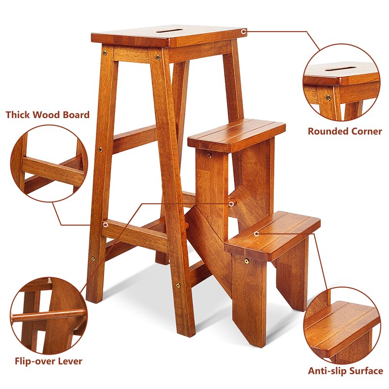 Pemberly Row 3-tier Rubber Wood Portable Folding Step Stool in Brown