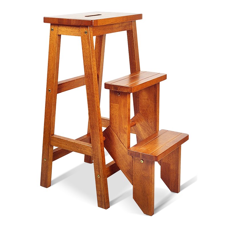 Pemberly Row 3-tier Rubber Wood Portable Folding Step Stool in Brown