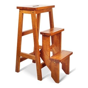 Pemberly Row 3-tier Rubber Wood Portable Folding Step Stool in Brown