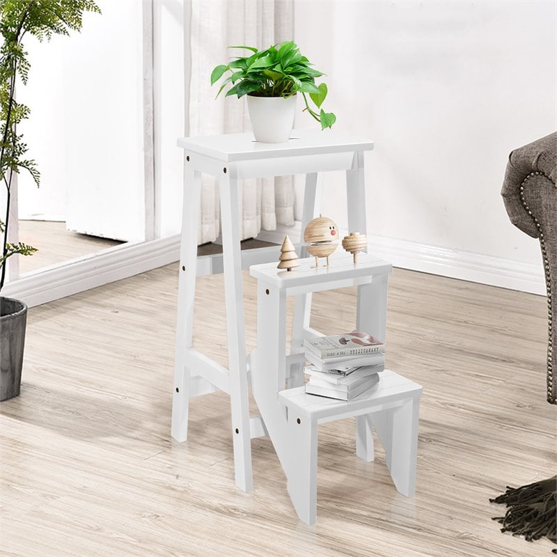Pemberly Row 3-tier Rubber Wood Portable Folding Step Stool in White