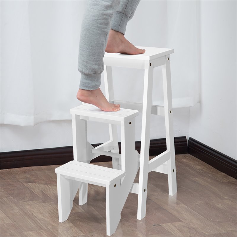 Pemberly Row 3-tier Rubber Wood Portable Folding Step Stool in White